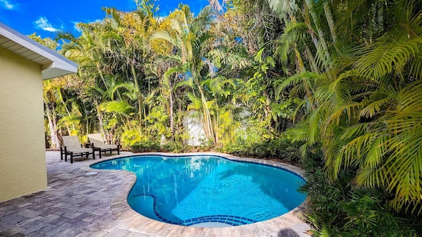 A swimming pool surrounded by lush tropical vegetation, with a patio area and a chair.