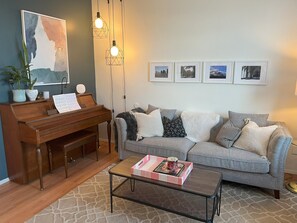 Smart TV, fireplace, DVD player, books