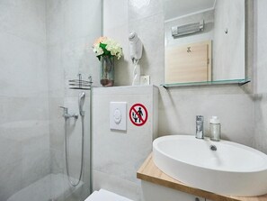 A modern bathroom with a shower, a sink, and a mirror. - Palm Tree Apartments - Studio Apartment with queen bed (A6) (Dubrovnik)