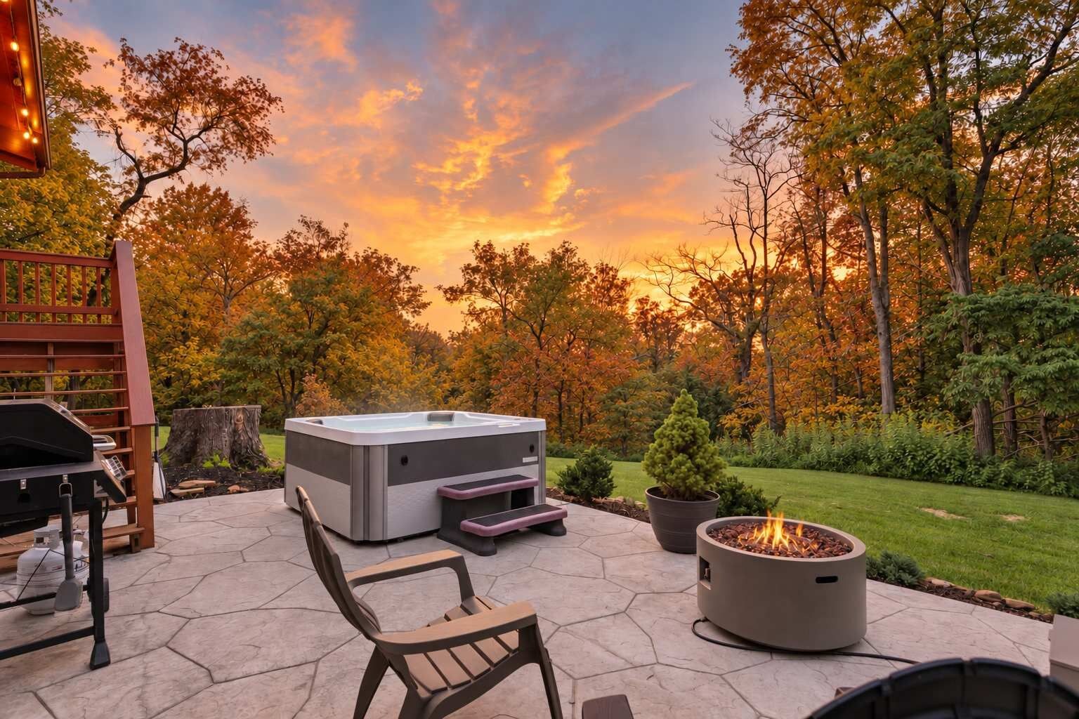 End the day in the hot tub as the sun sets over the trees, with the fire pit glowing a few steps away.