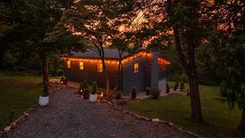 A tree-lined gravel driveway leads to the cabin, lit by string lights along the porch.