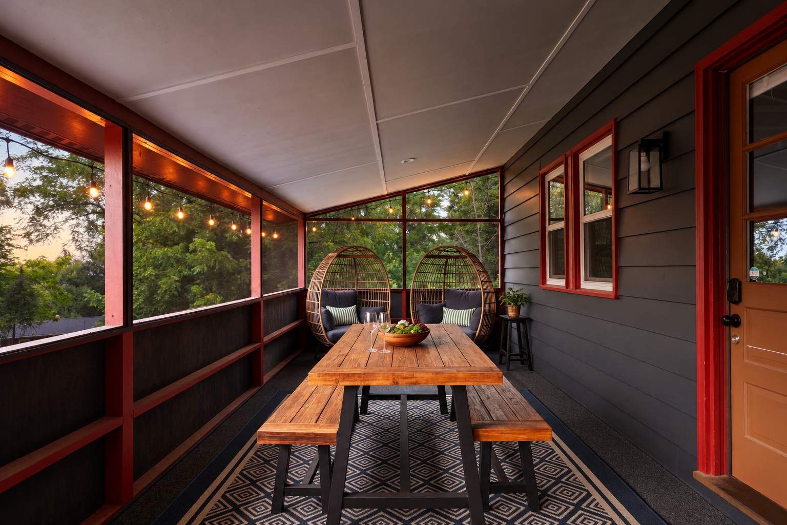 An outdoor covered patio with a wooden table, two chairs, and string lights.