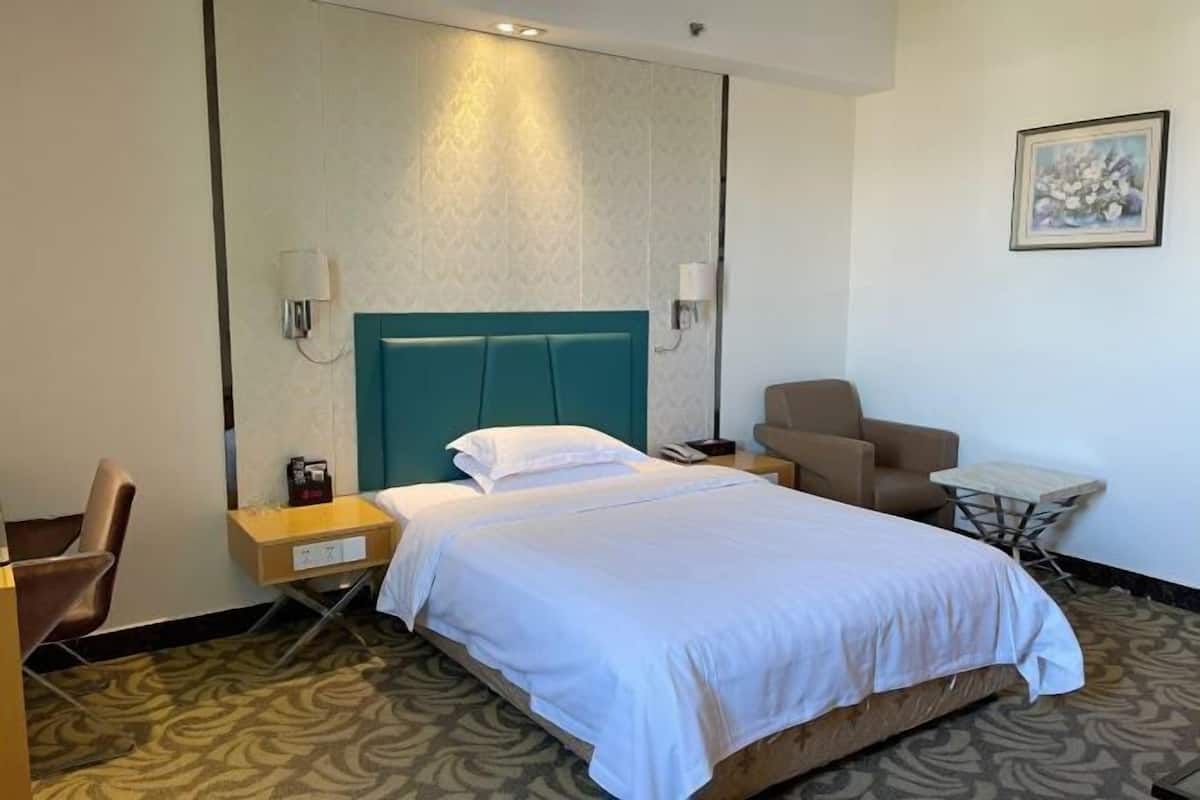 A hotel room with a bed, a desk, a chair, and a small table.