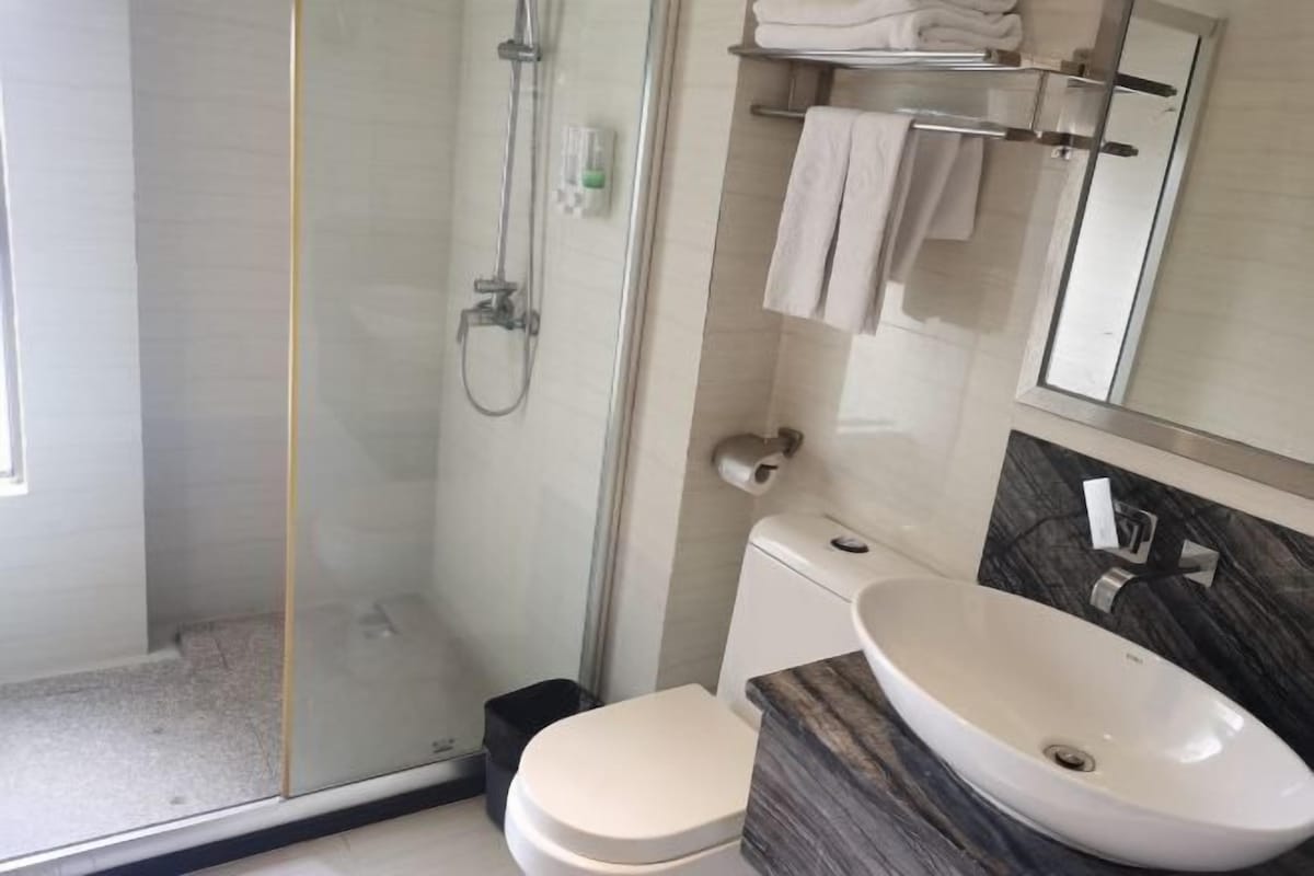 A modern bathroom with a glass-enclosed shower, a white toilet, a marble countertop, and a large sink.