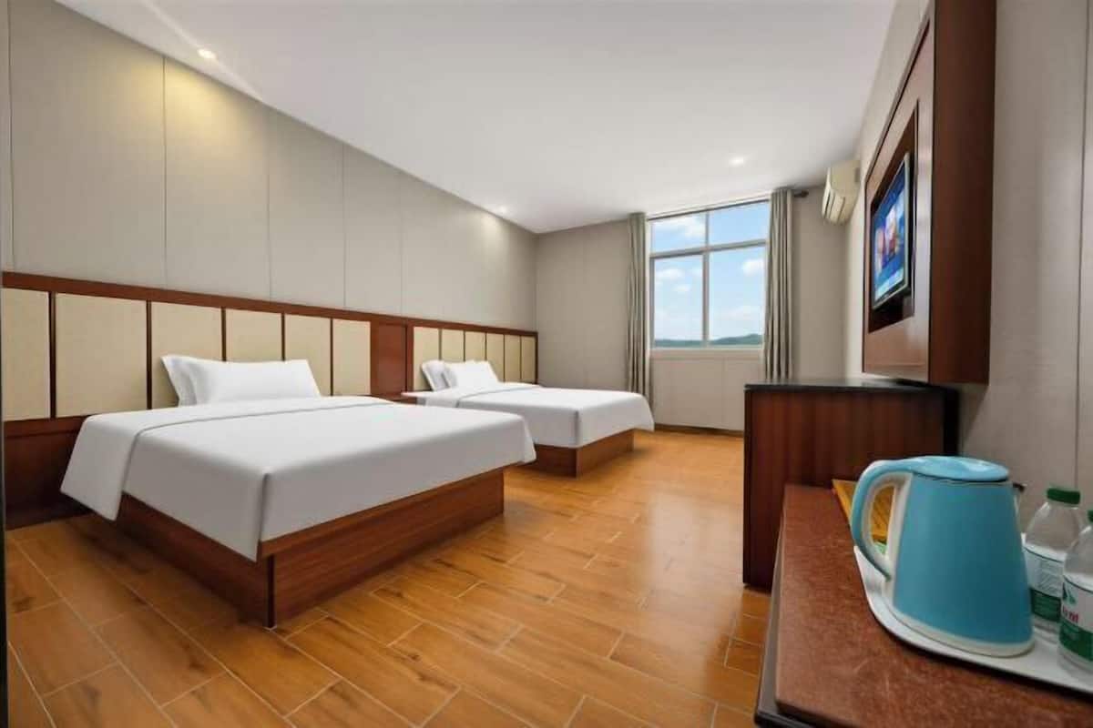 Habitación de hotel con dos camas, piso de madera, televisor y ventana.