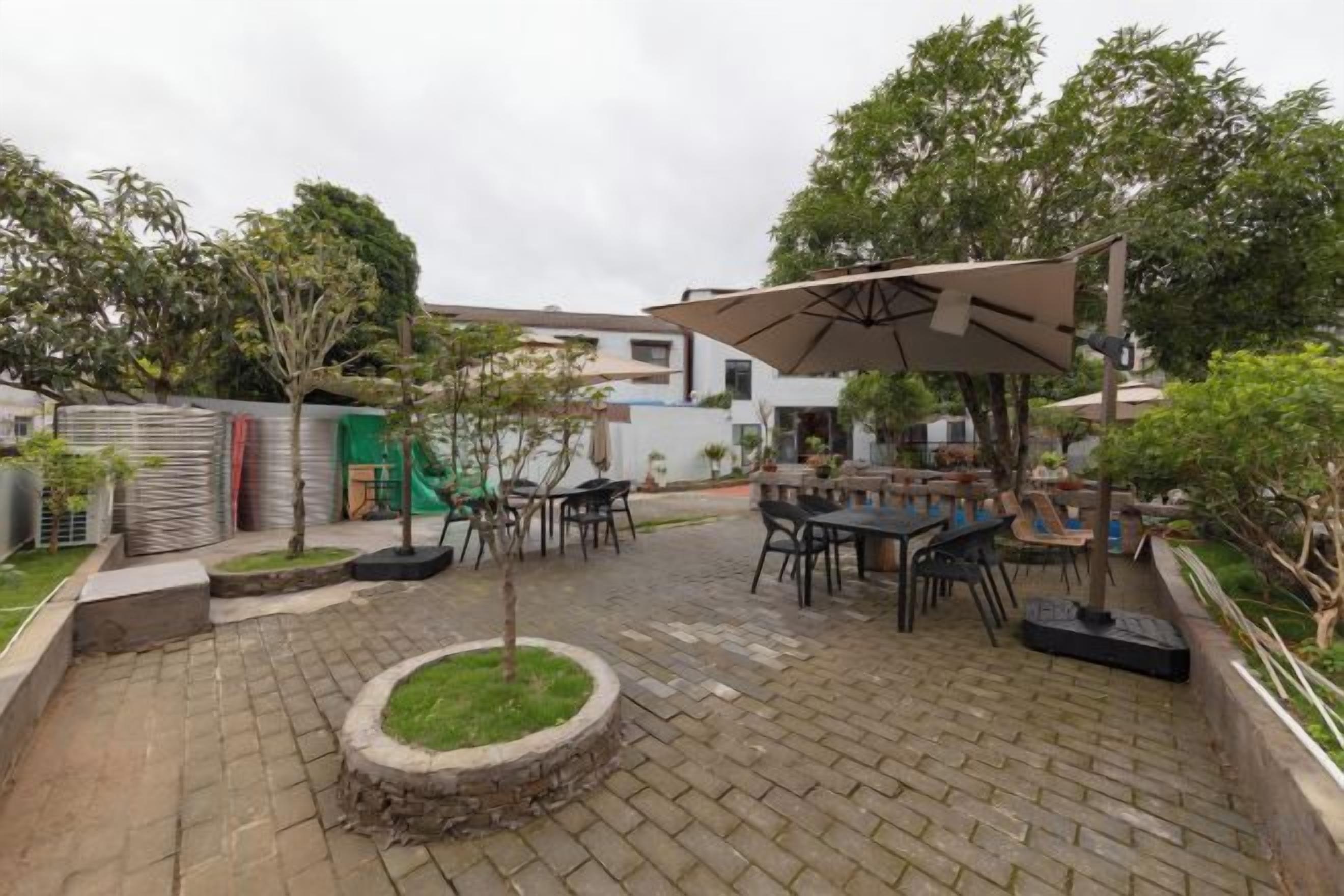An outdoor patio area with seating and a small tree.