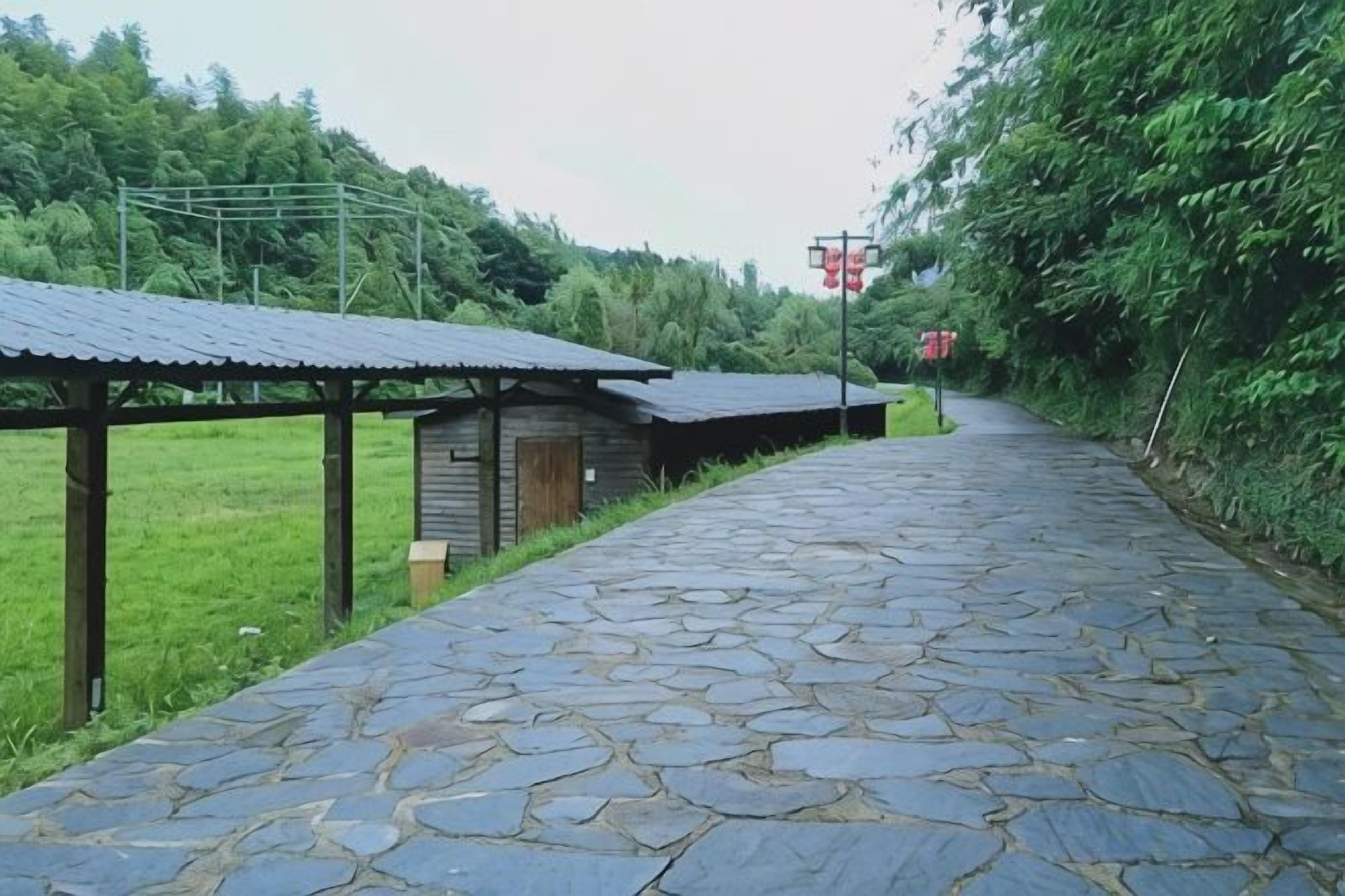 A stone pathway leading to wooden structures with metal roofs, surrounded by greenery.