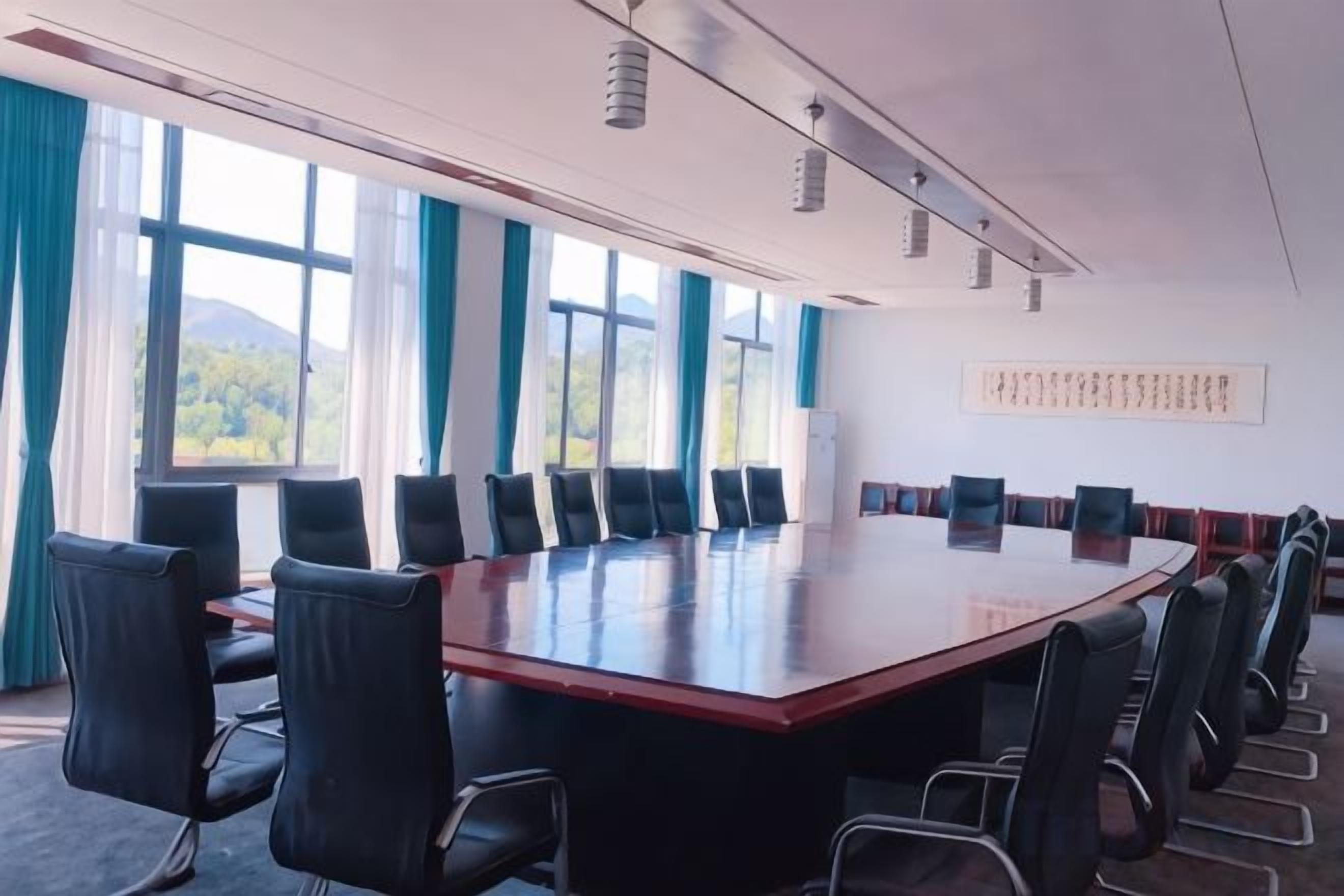 Una sala conferenze con un grande tavolo rettangolare circondato da sedie, ampie finestre con tende e una parete spoglia con un quadro incorniciato.