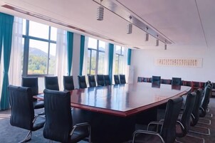 Un salón de conferencias con una amplia mesa rectangular rodeada de sillas, ventanas grandes con cortinas y una pared lisa con un cuadro enmarcado.