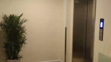 An elevator with a control panel, a potted plant, and a wall-mounted light fixture.