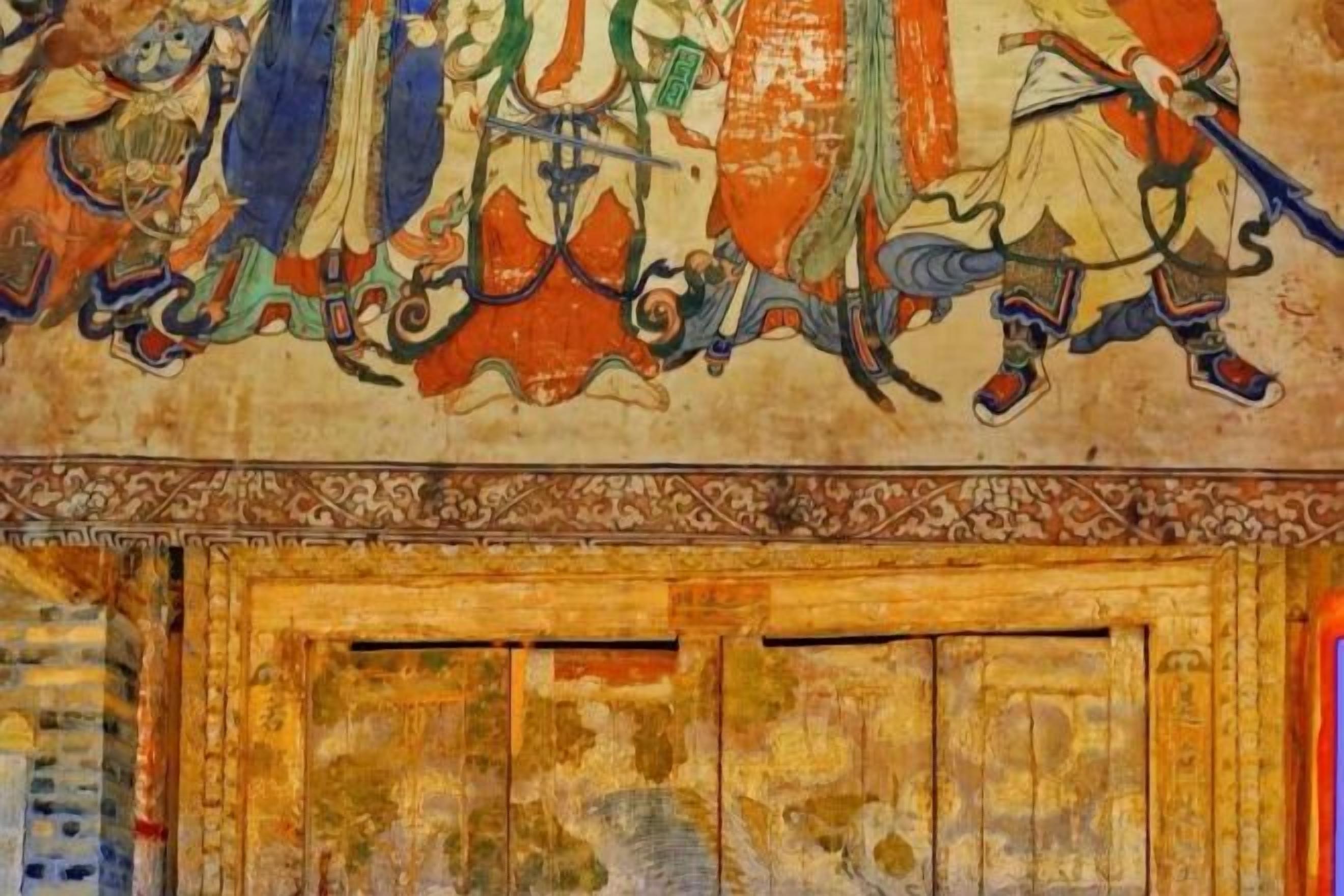 A mural with figures and a wooden door.