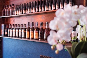 A bar with shelves of bottles, a blue wall, and a potted plant.