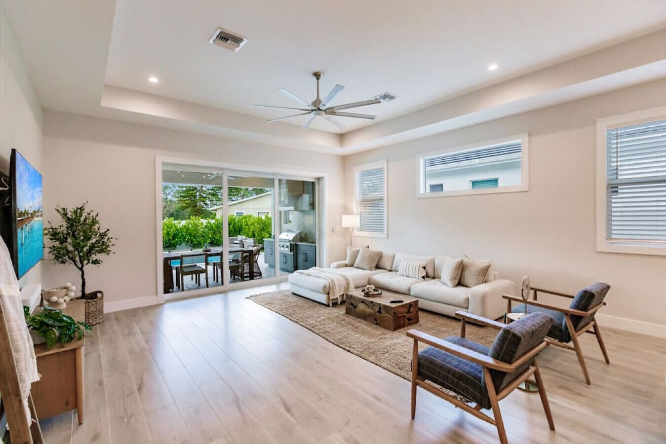 TV connectée, cheminée, livres, chaîne hi-fi