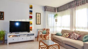 Een televisie en een open haard