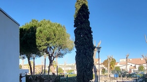Un sendero de grava que conduce a un edificio con pared exterior blanca.
