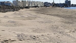Una playa arenosa con edificios al fondo.