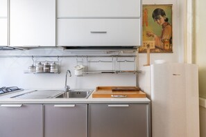 Fridge, stovetop, dishwasher, coffee/tea maker