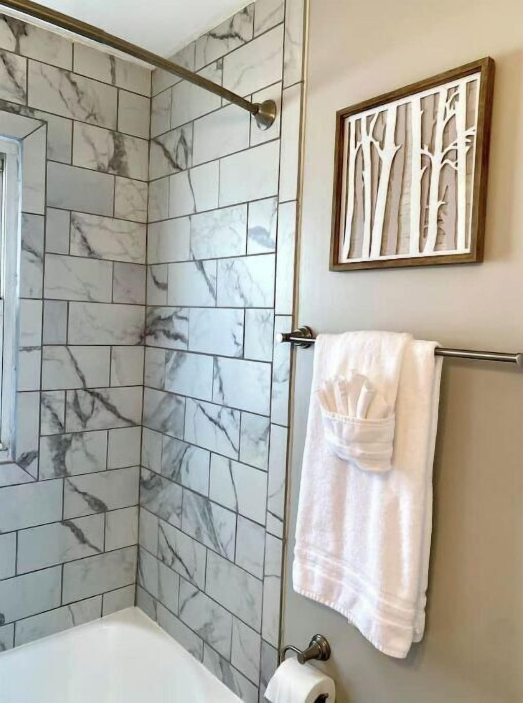 Hair dryer, towels, soap, shampoo