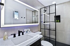 Shower, hair dryer, towels, soap