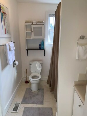Bathroom features a toilet, sink, and shelf with storage.