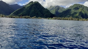 Vista de un cuerpo de agua con montañas al fondo.