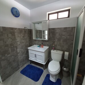 Un baño con lavamanos blanco, espejo e inodoro. Hay alfombras azules en el suelo.