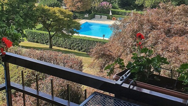 A pool surrounded by trees and a view of mountains and a lake.