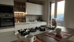 A modern kitchen with a gas stove, a built-in oven, and a window with a view of the mountains.
