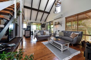 Smart TV, fireplace, books