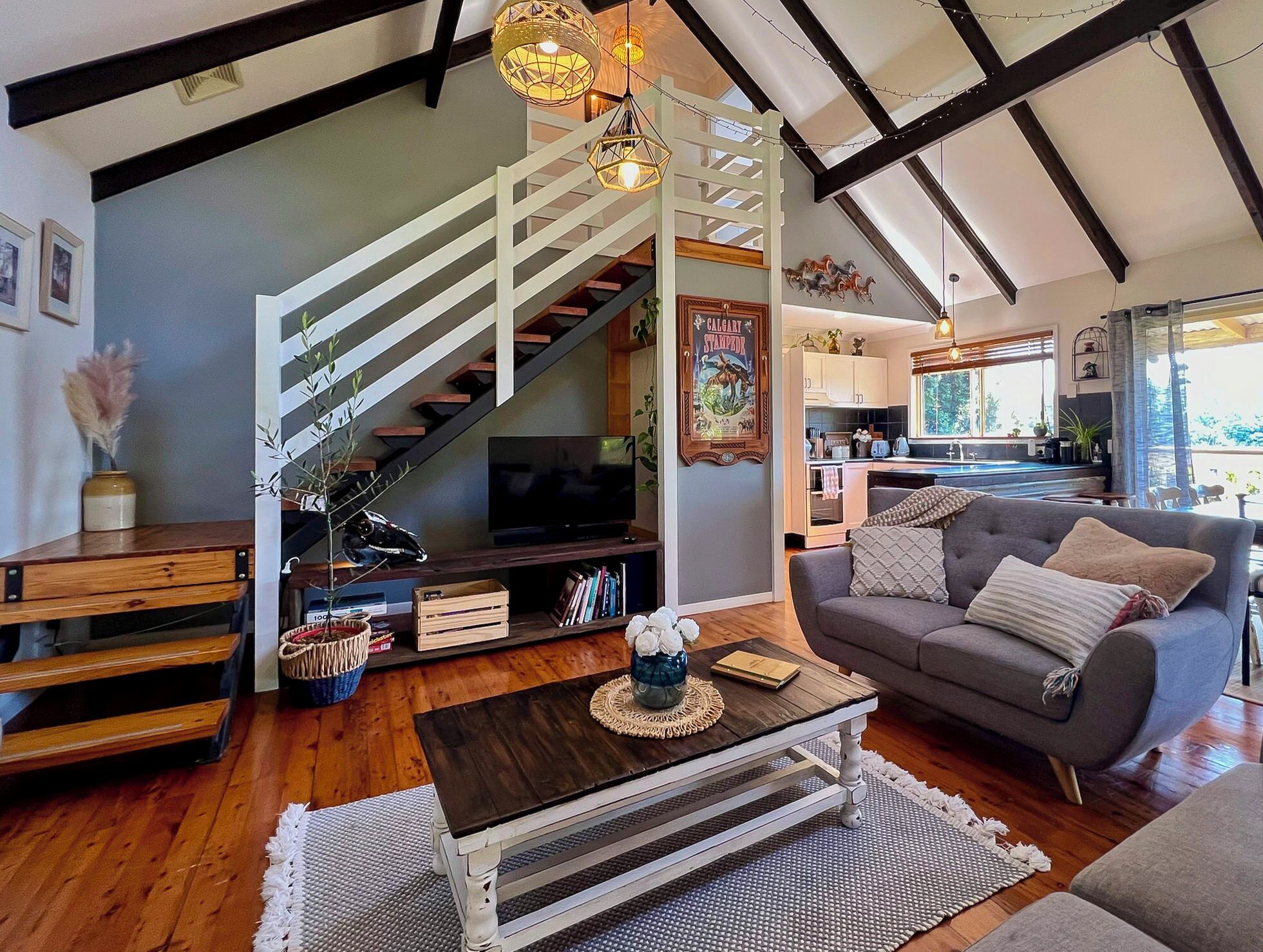 Smart TV, fireplace, books