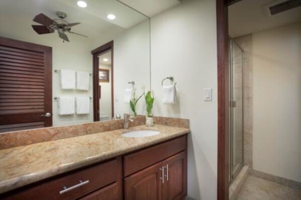 Une salle de bain avec un comptoir en granit, des armoires en bois, un miroir et un espace douche.
