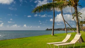 A beachside view with two lounge chairs and palm trees.