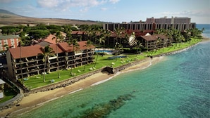 A resort with multiple buildings, a beach, and a clear blue ocean.