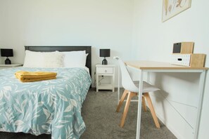 1 bedroom, desk, iron/ironing board, travel cot