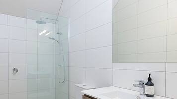 A modern bathroom with a glass shower enclosure, a white toilet, and a vanity with a mirror.