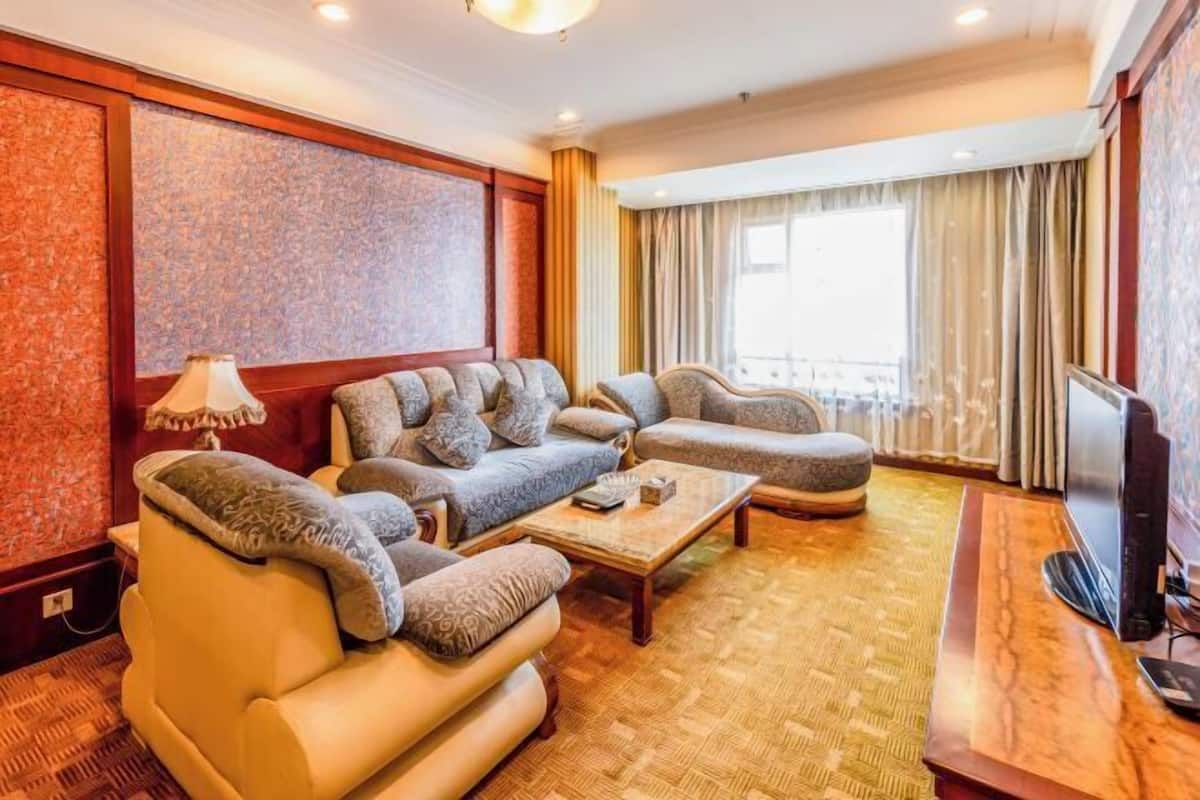 A hotel room with a sofa set, a coffee table, a TV, and a patterned wall.