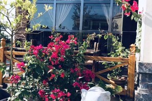 A wooden fence, a potted plant, and a building with large windows. - Dongxing Jinghui Hotel (Dongxing)