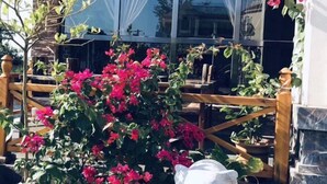 A garden area with a wooden fence, pink bougainvillea flowers, and a stone statue.