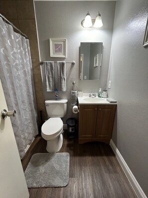 A bathroom with a toilet, sink, mirror, and shower curtain. - Comfort Apartment (Las Vegas)