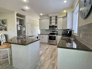 Fridge, microwave, oven, stovetop - Discount Summer, Bay-view, dog-friendly, outdoor pool, elevator, decks, dock access & W/D (St. George Island)