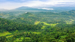 A panoramic view of a lush, green landscape with rolling hills and scattered buildings.