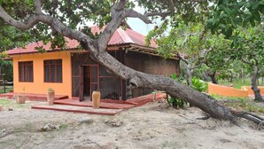 A small, single-story house with a red roof and a large tree in front. - Charming 2-bed Cottage in Bodo, a Fishing Village (Shirazi)