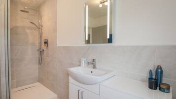 A modern bathroom with a shower, sink, and mirror.