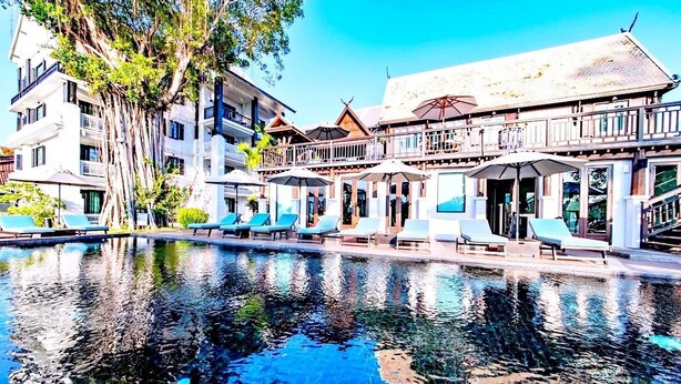 Ein Hotel mit Swimmingpool, Liegestühlen und einem großen Baum.