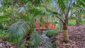 A lush garden with a small stream, a wooden bridge, and a red structure. - Karinya Parkland Estate (New Lambton Heights)