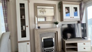 Ein Wohnzimmer mit Kamin, Fernseher und Einbauschränken.
