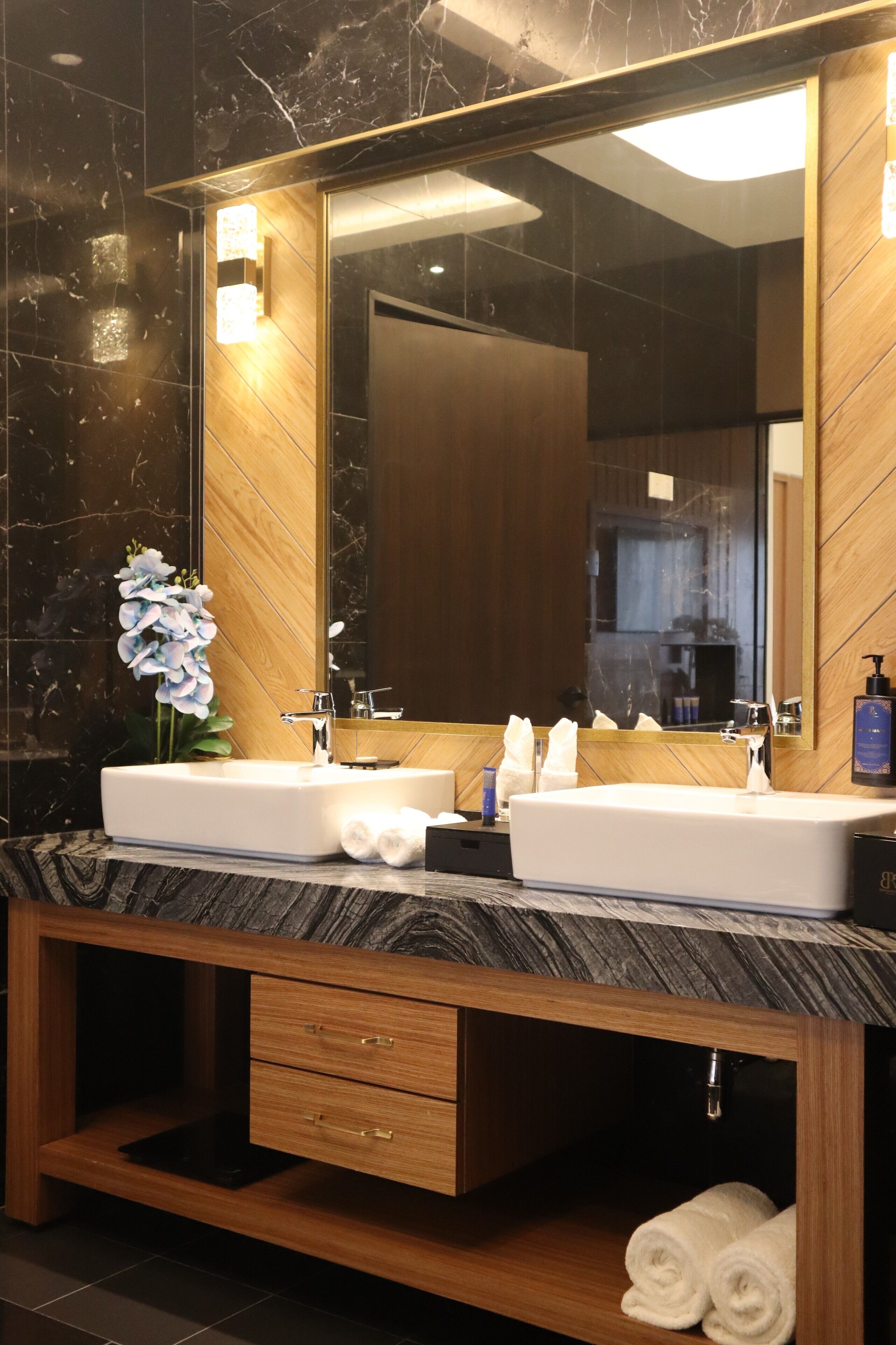 Une salle de bain moderne avec deux vasques, un grand miroir et un meuble-lavabo en bois.