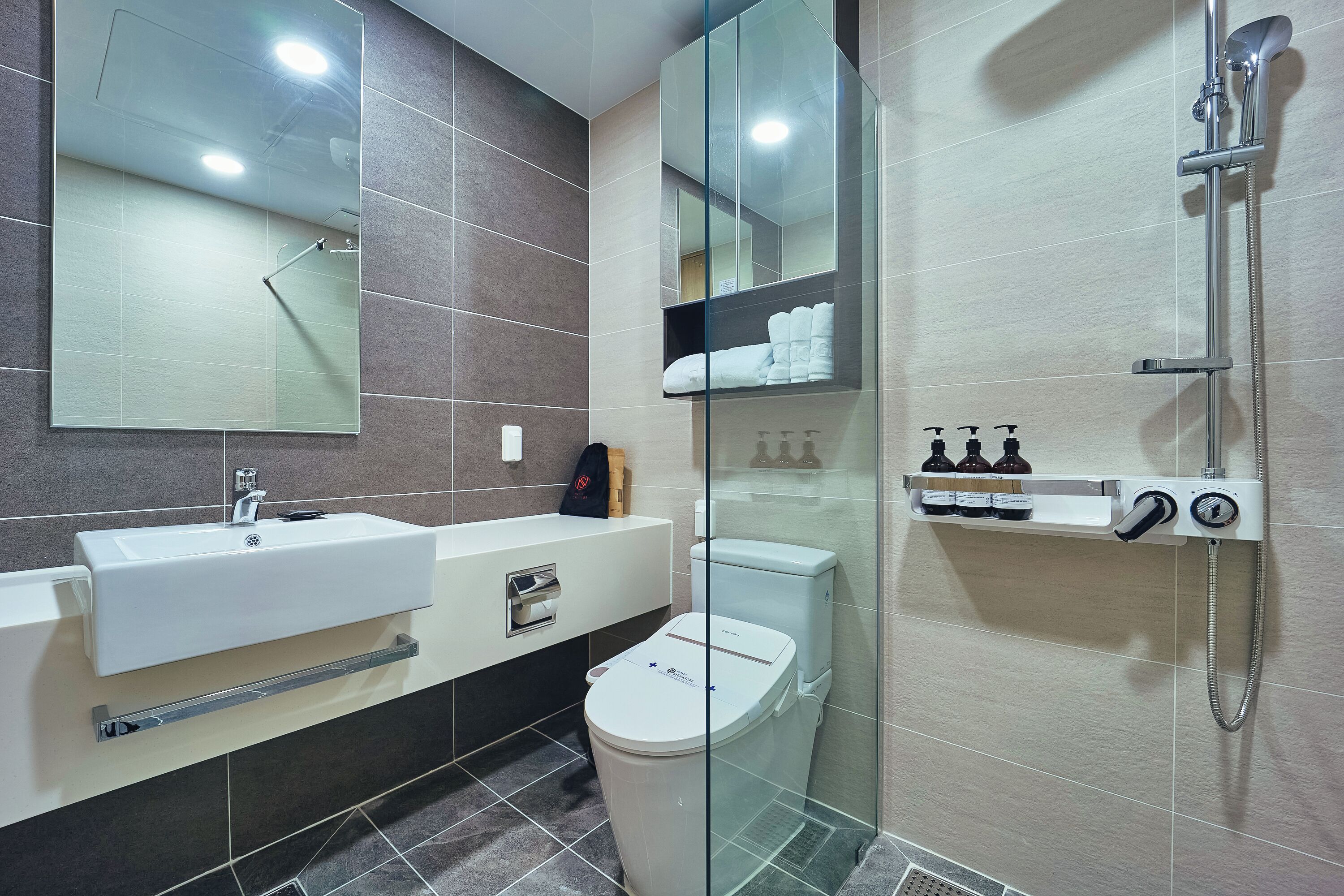 Une salle de bain moderne avec une douche à parois de verre, un lavabo blanc et des toilettes.