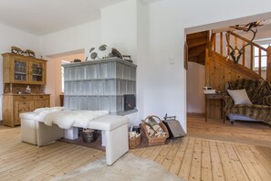 Smart TV, fireplace, DVD player, foosball