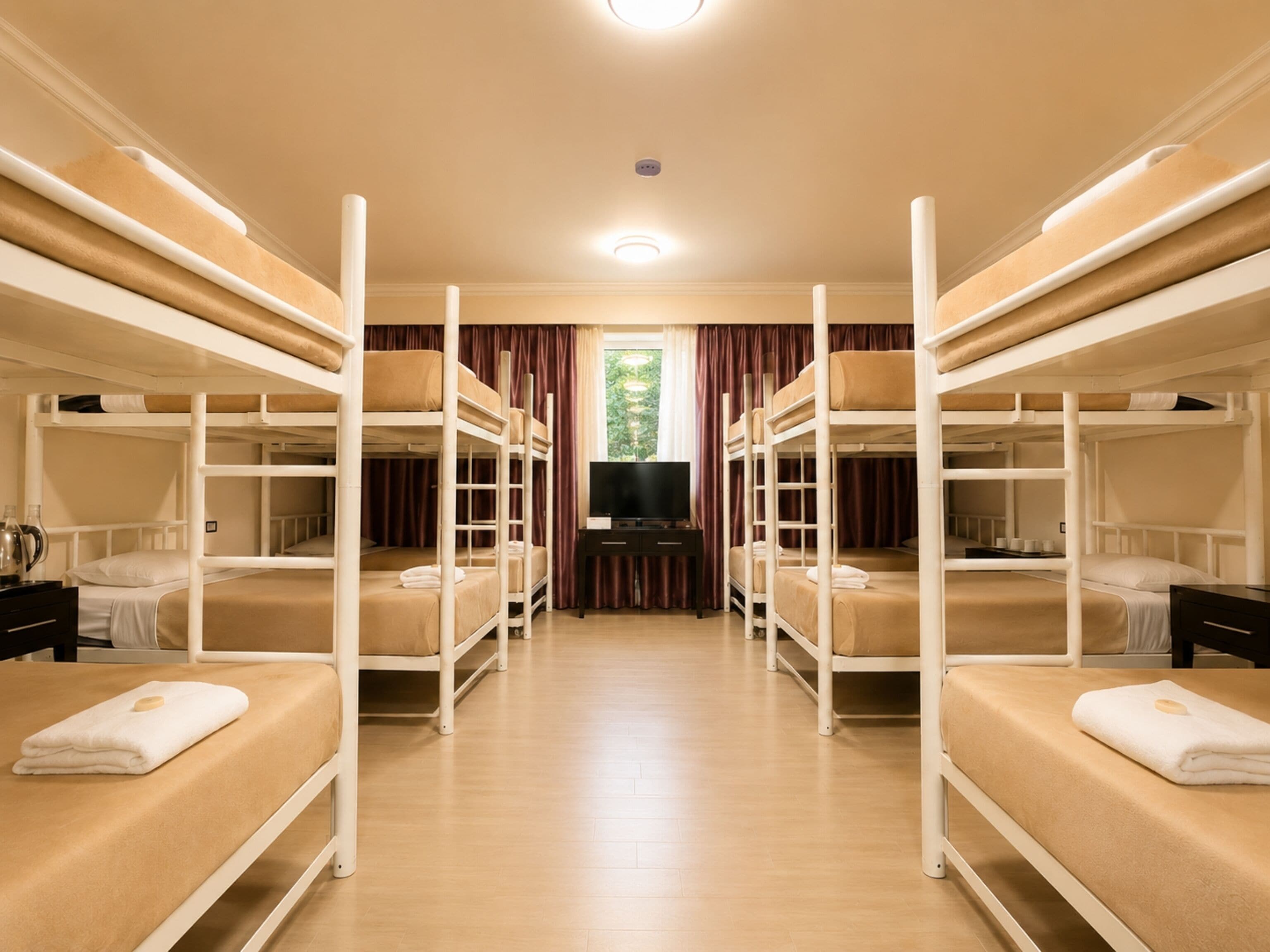 A room with bunk beds, a television, and a window with curtains.